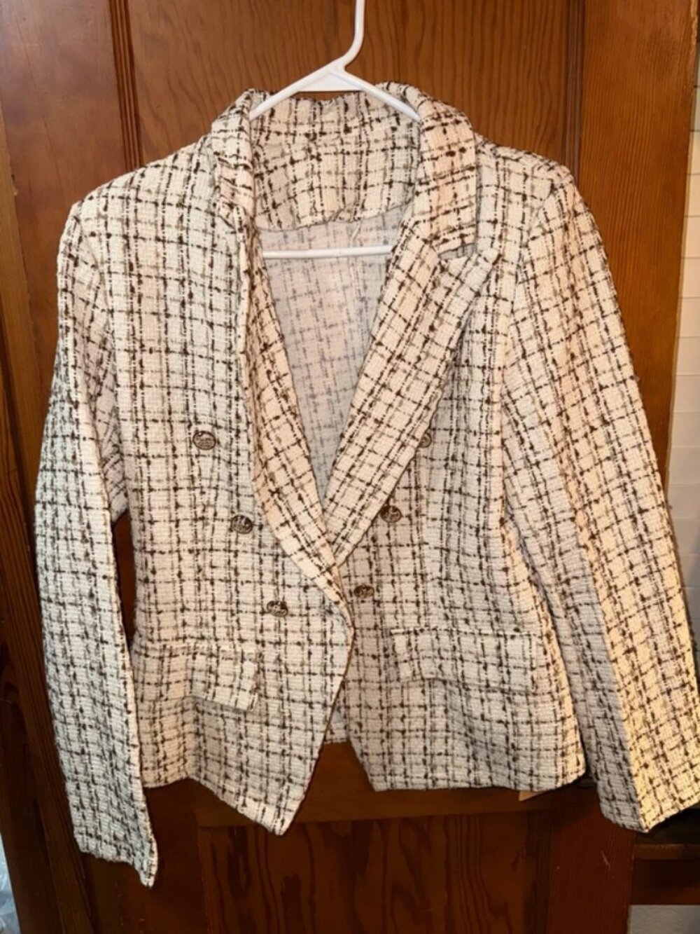 SHEIN Frenchy Tweed Double-Breasted Blazer – Cream/Black – Size Mediu